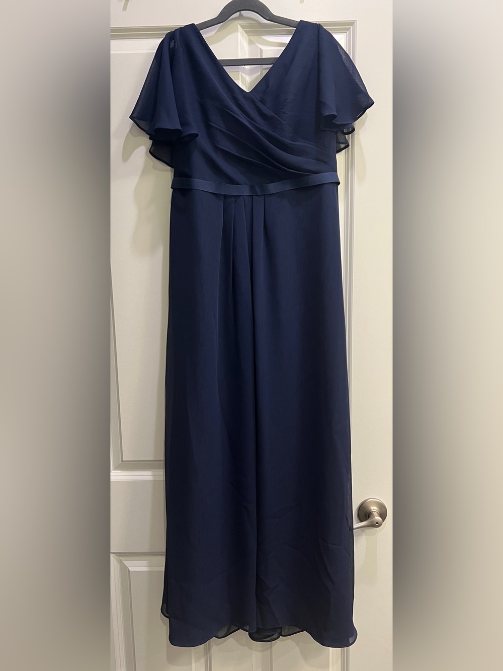 David's Bridal Navy Chiffon Flutter-Sleeve Formal Dress